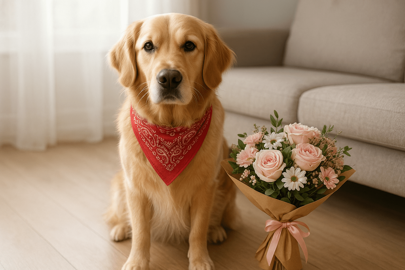 Egy arany retriever kutya piros kendőben ül egy virágcsokor mellett.