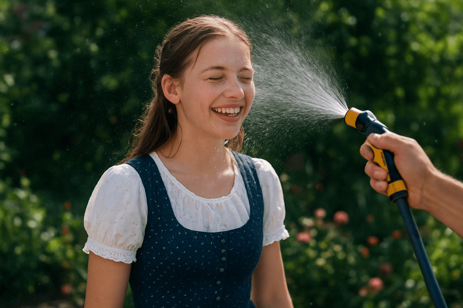Egy fiatal lány nevetve áll a locsoló vízsugara alatt, tavaszi virágok között.