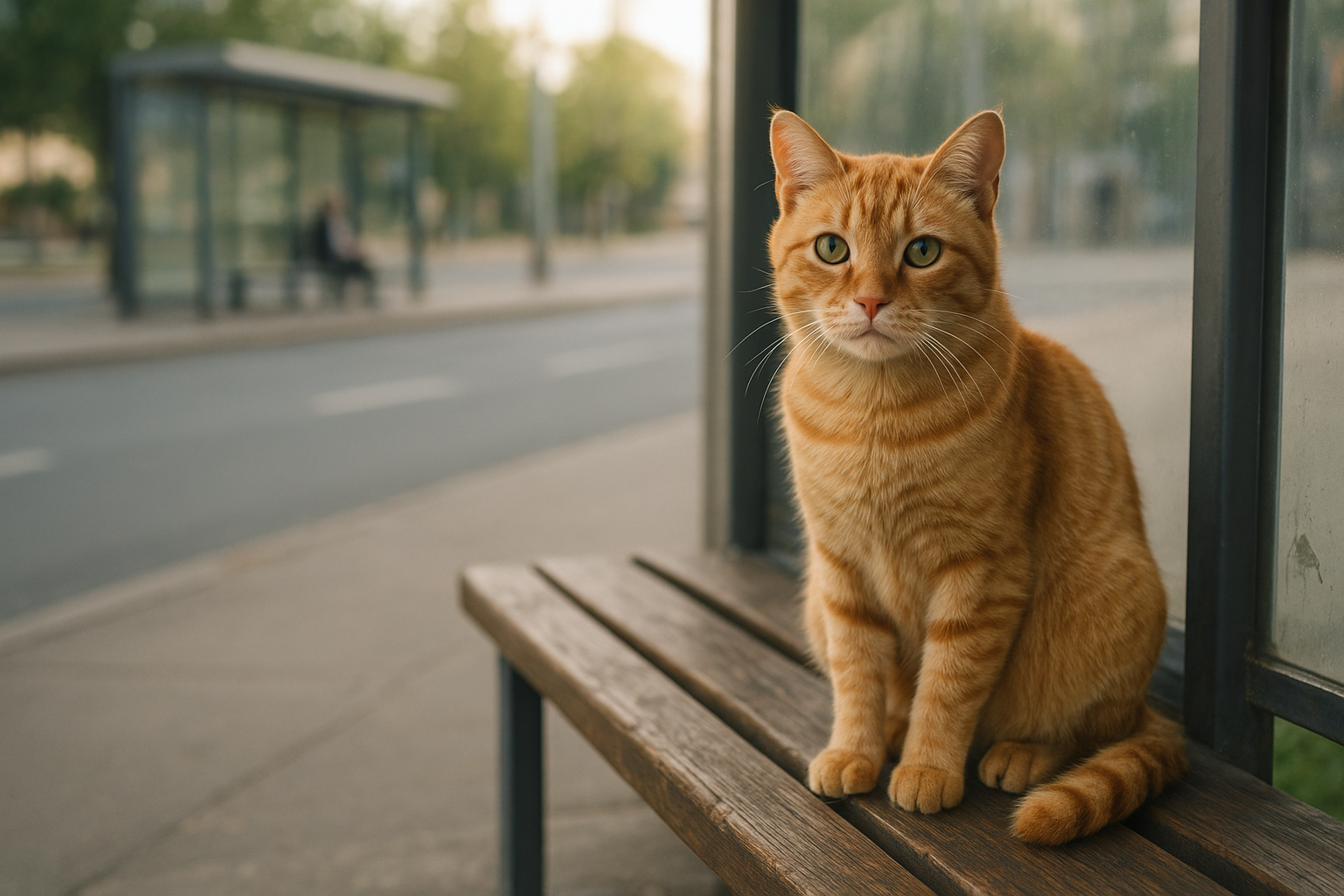 Egy barátságos narancssárga macska ül a buszmegálló padján, figyelmesen nézve.