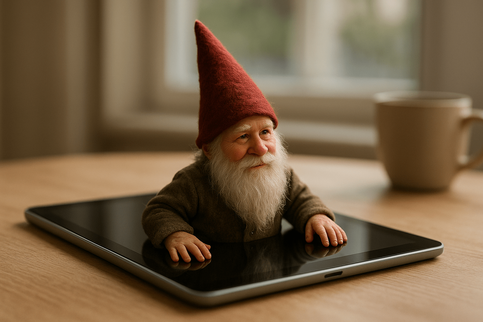 Egy manó ül egy tablet képernyőjén, mosolyogva néz a nézőre.