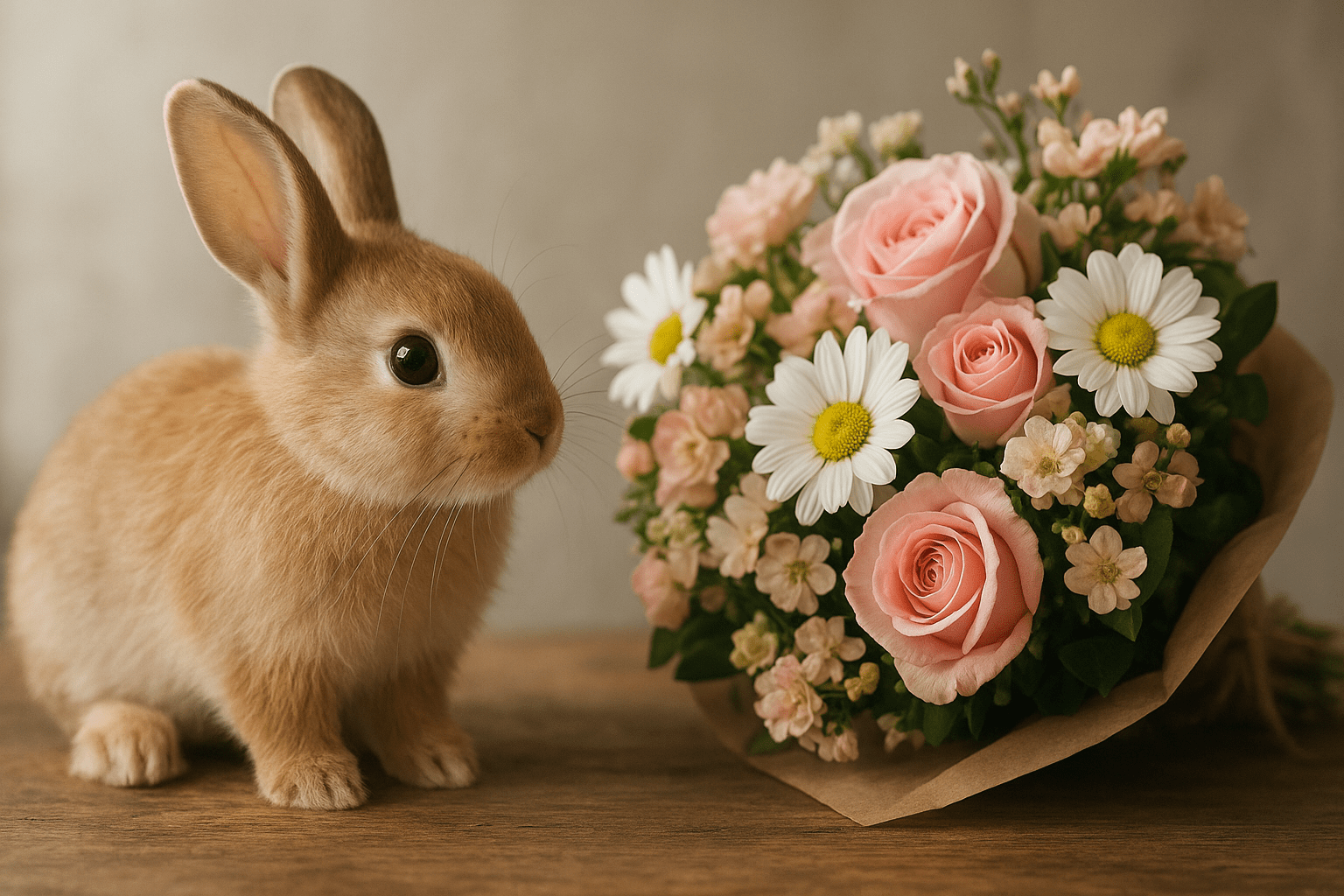 Egy aranyos nyuszi áll egy virágcsokor mellett, amely rózsákat és margarétákat tartalmaz.