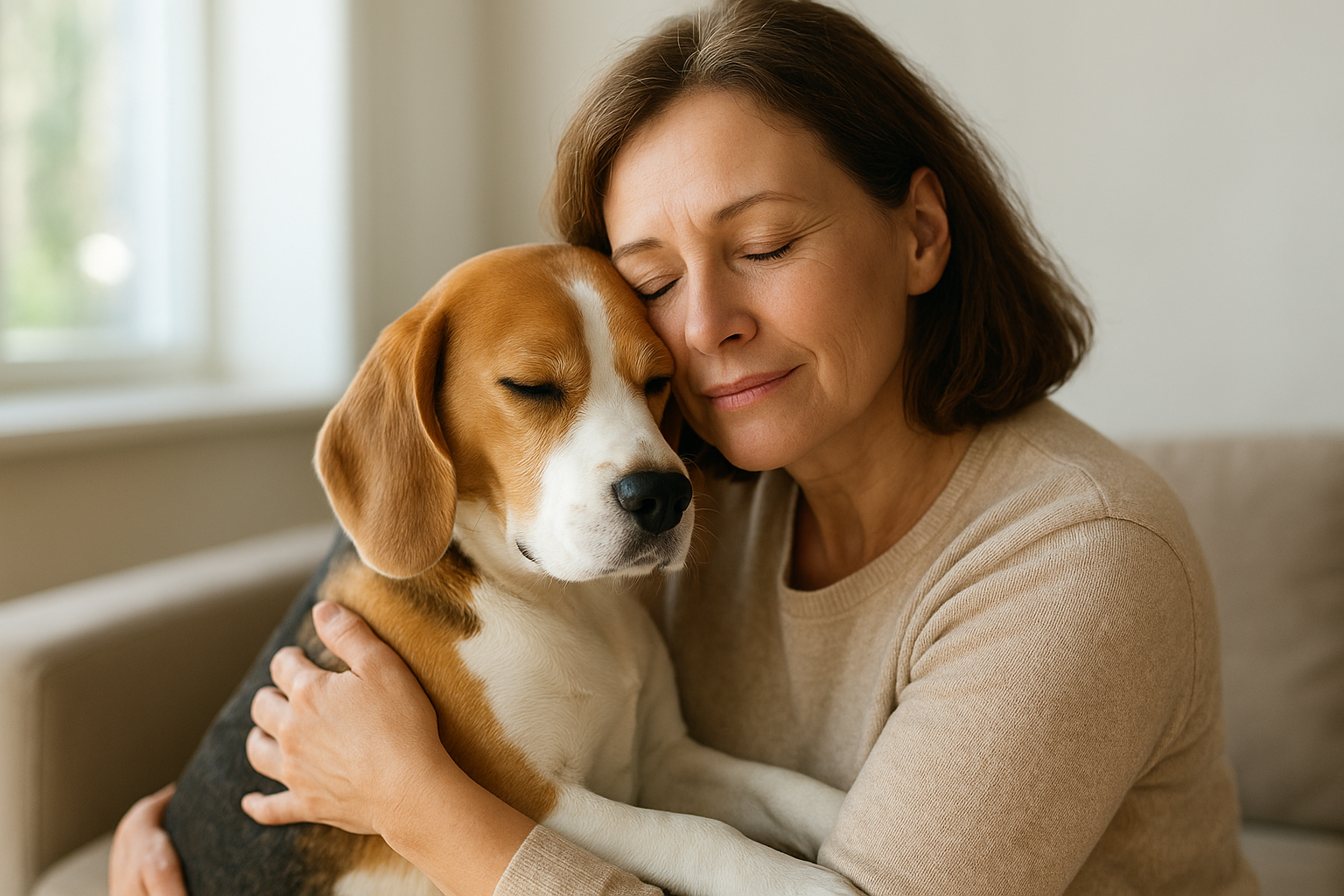 Egy nő öleli a kutyáját, mindketten boldogan zárják be a szemüket.