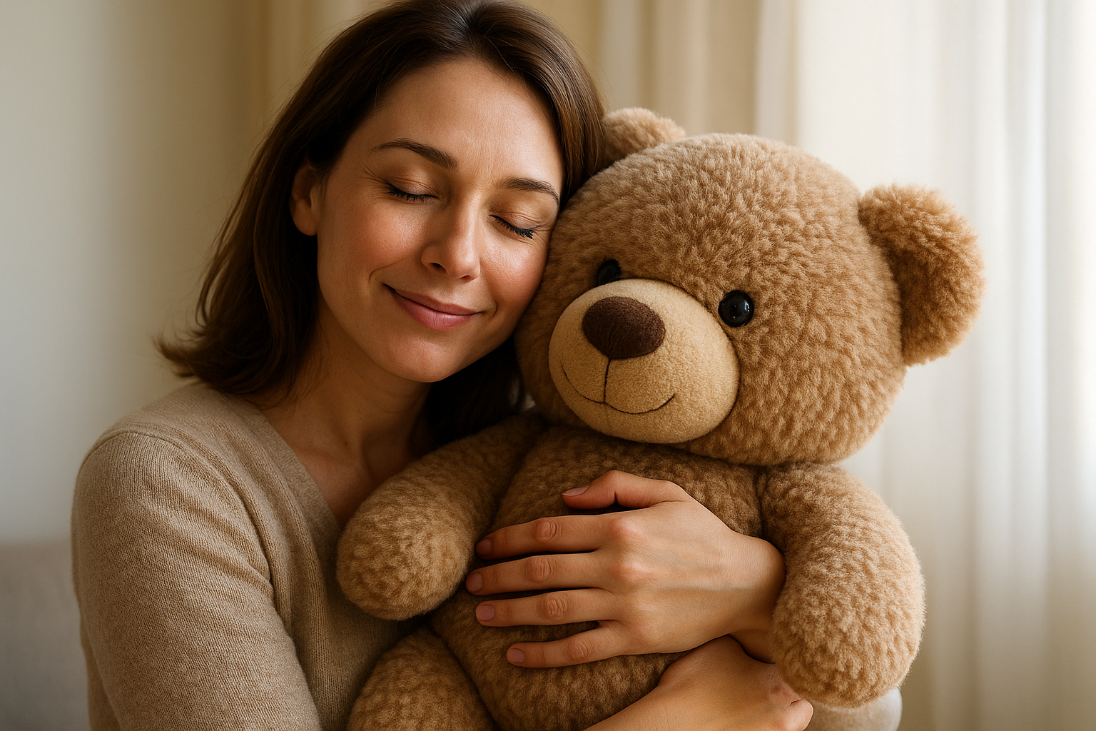 Egy nő öleli a plüss macit, mosolyogva, békés környezetben.