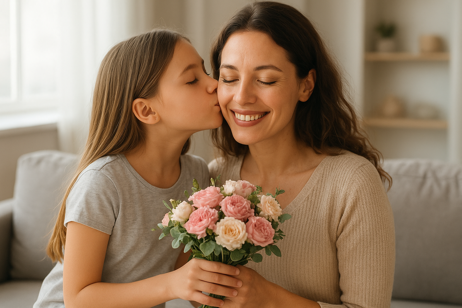 Egy kislány virágcsokrot ad át édesanyjának, miközben puszit nyom az arcára.