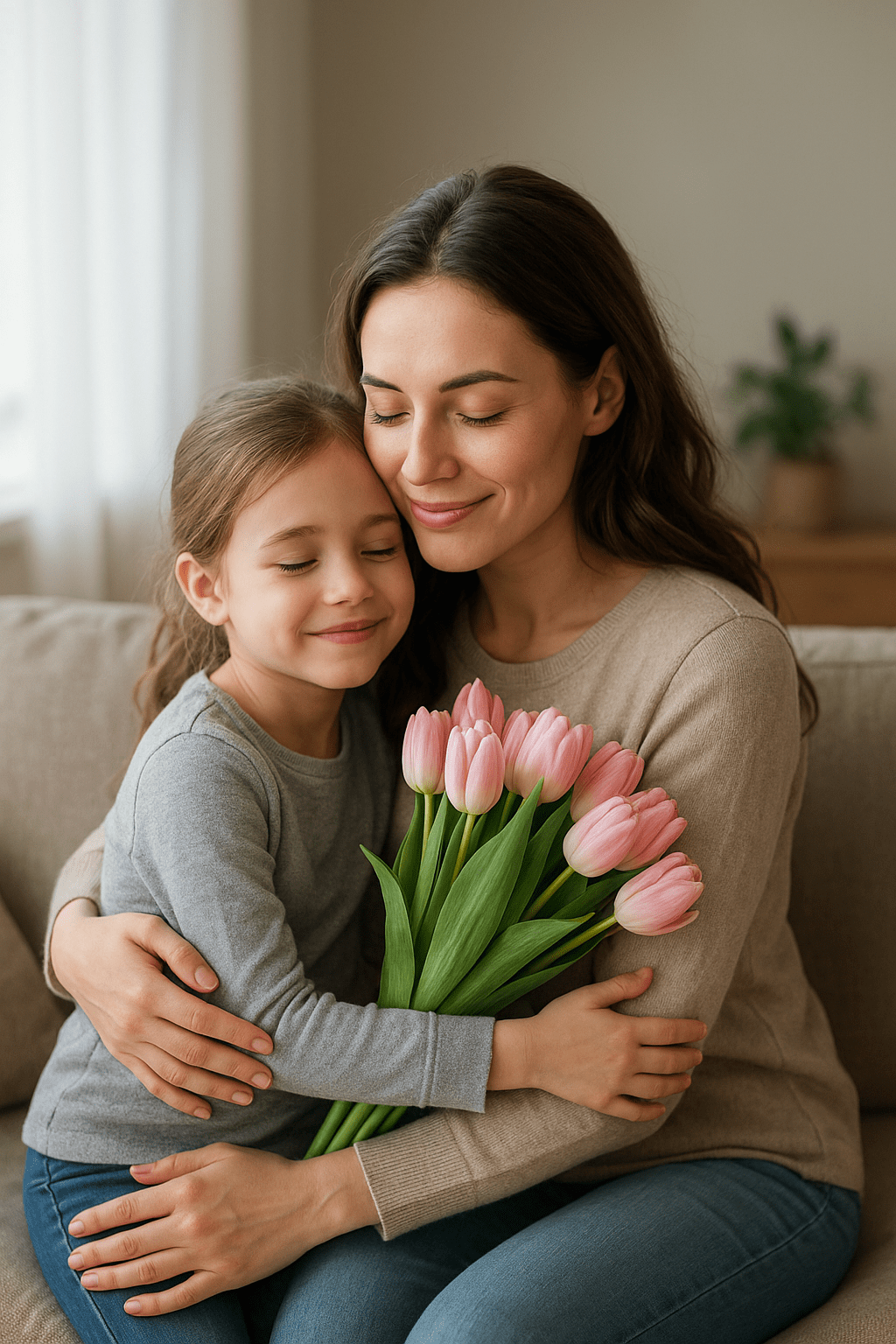 Egy anya és lánya ölelik egymást, miközben rózsaszín tulipánokat tartanak.