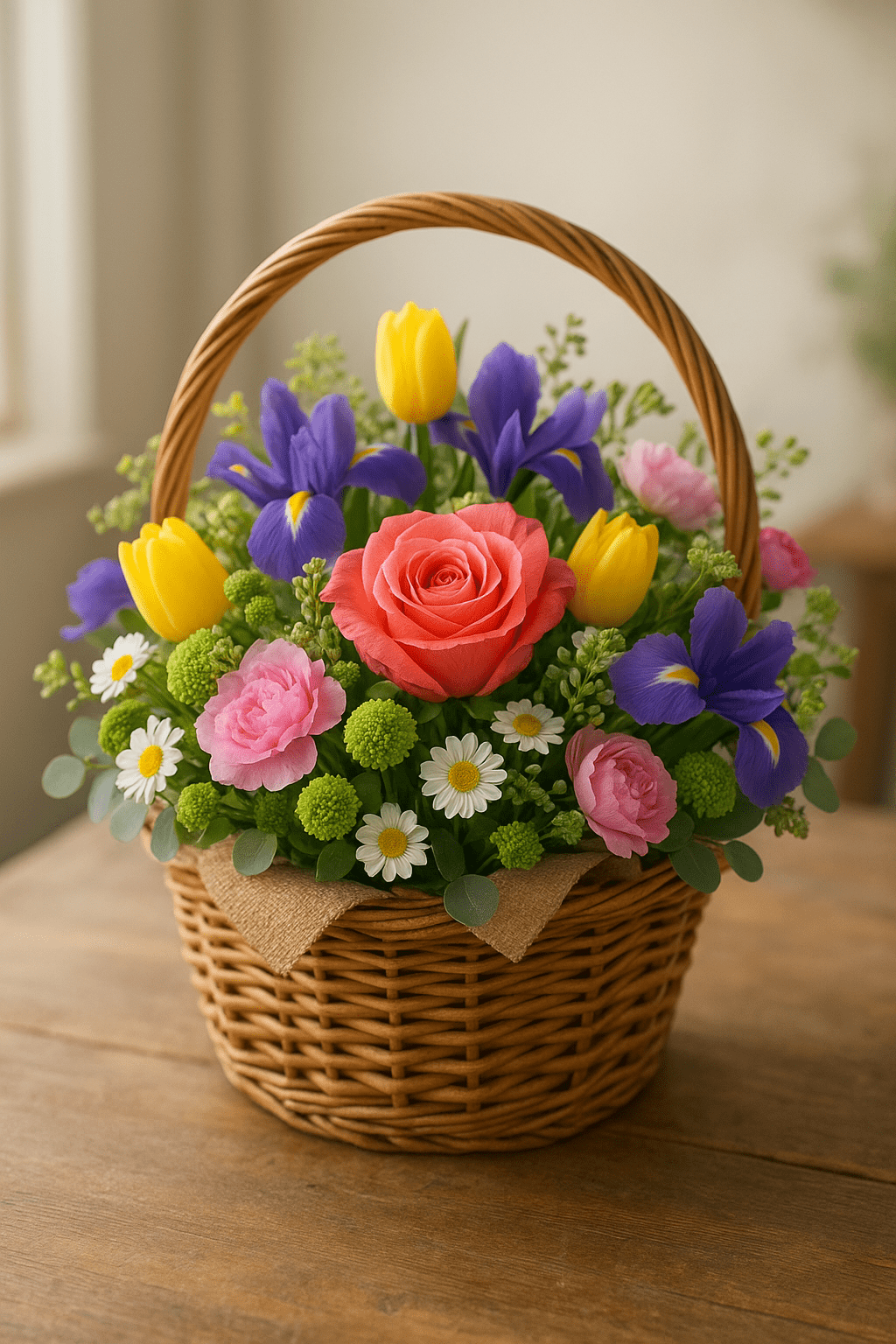 Színes virágkosár rózsákkal, tulipánokkal és íriszekkel, anyák napjára.