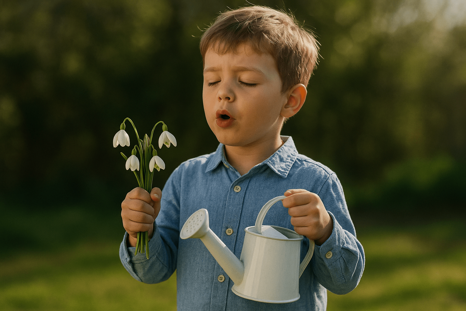 Egy kisfiú hóvirágokat tart a kezében, miközben locsolókannát fog.